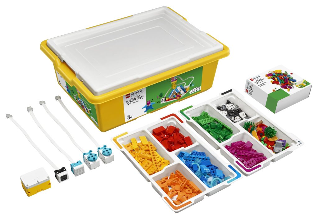 The box, bricks and pieces included with LEGO Education SPIKE Essential