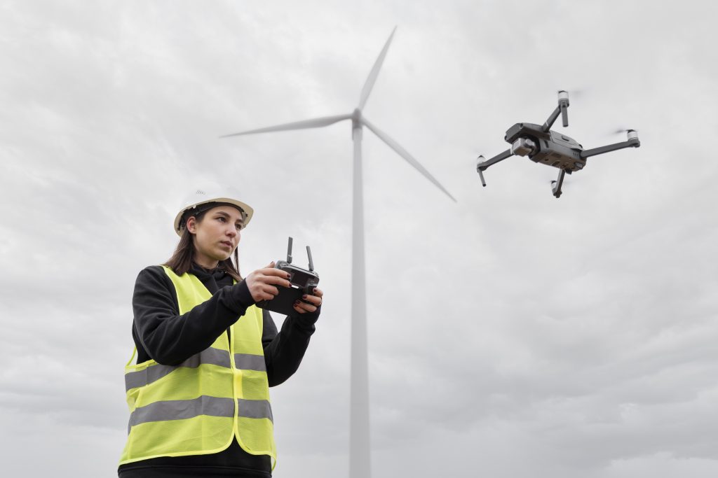 Young female Engineer piloting a drone to survey on-shore wind turbine